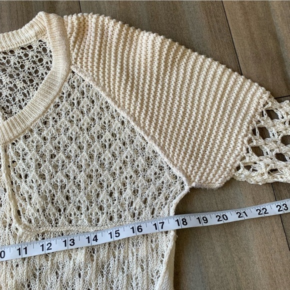Sundance linen cotton crochet patchwork scoop neck knit sweater cream size large - Picture 3 of 5